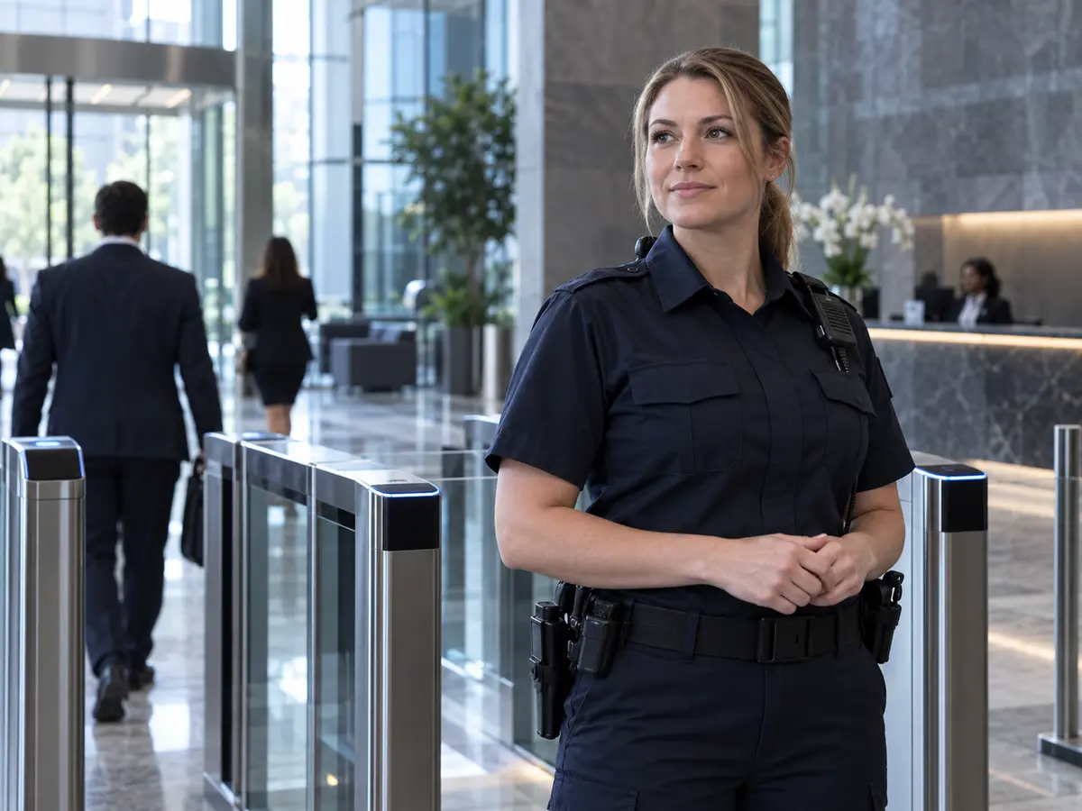 Professional security officer in a modern commercial lobby