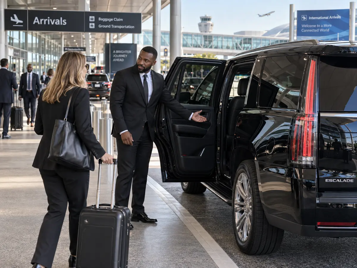 Security professional welcoming a traveler beside a black Cadillac Escalade at airport arrivals
