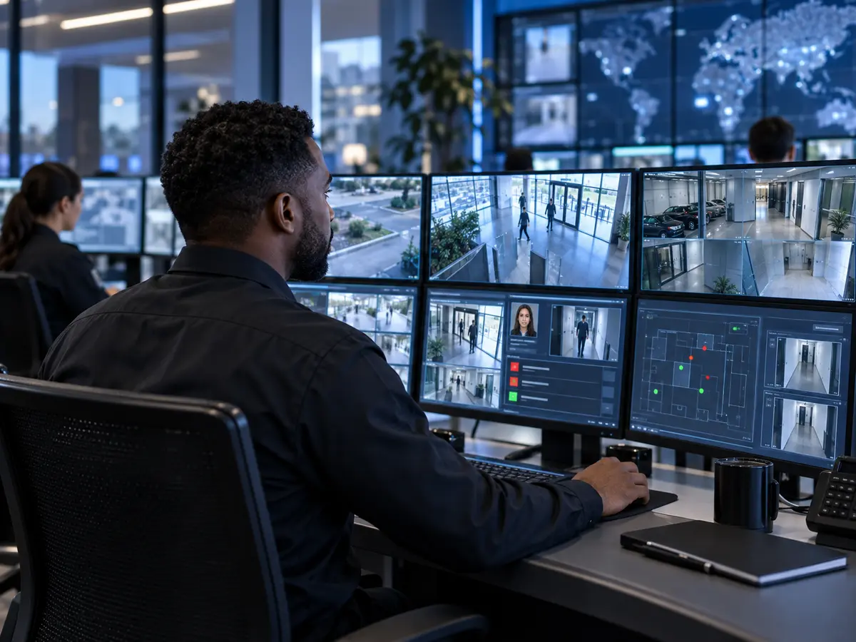Security specialist monitoring property camera feeds