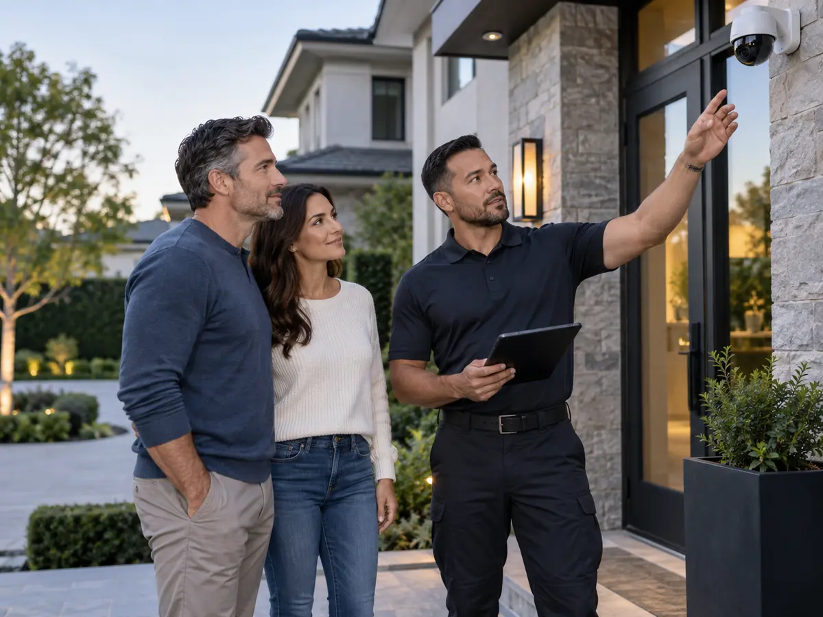 Security specialist reviewing home protection with homeowners