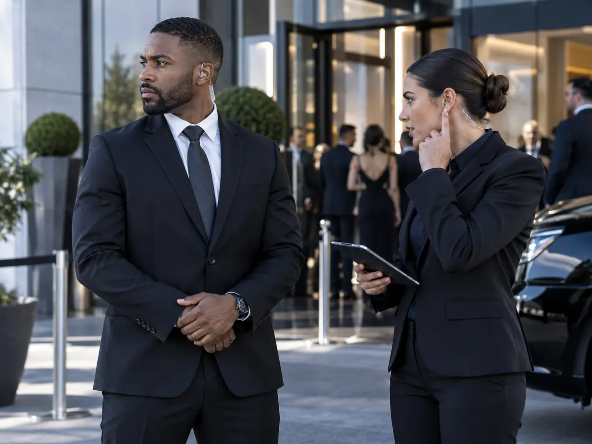 Professional security team coordinating discreet event protection
